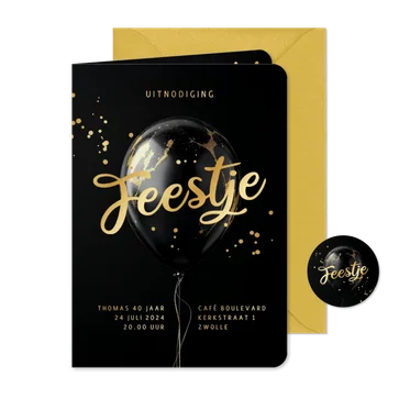 Uitnodiging feestje algemeen stijlvol chic ballon goud zwart